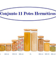 Conjunto 11 Potes de Vidro Herméticos com Tampa de Bambu - Casa Práticos e Funcionais