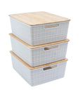 Kit 3 Caixas Organizadoras Multiuso com Tampa de Bambu 12 Litros - Casa Práticos e Funcionais