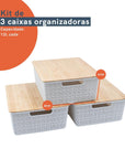 Kit 3 Caixas Organizadoras Multiuso com Tampa de Bambu 12 Litros - Casa Práticos e Funcionais