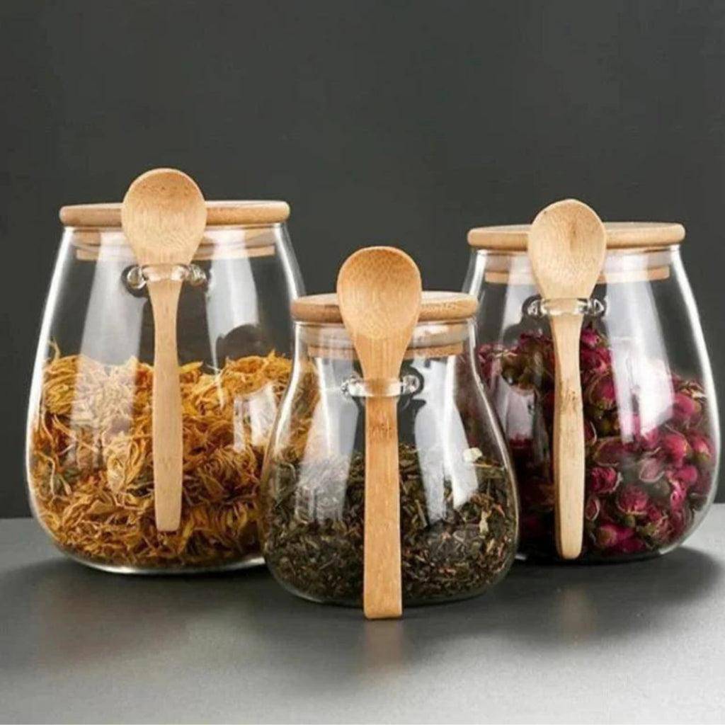 Pote de Vidro Oval com Tampa e Colher de Bambu - 950ml - Casa Práticos e Funcionais
