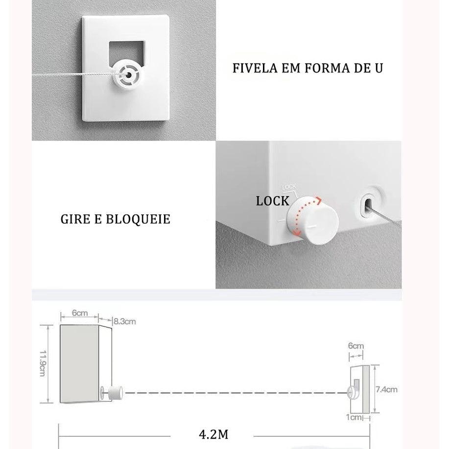 Varal Retrátil Prático e Funcional com Fio de Aço Inoxidável - Suporta Até 20kg - Casa Práticos e Funcionais